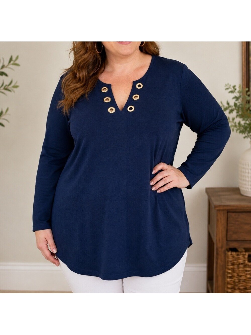 Quacker Factory Navy Blue Rhinestone Grommet Tunic Top 1X Coastal Nautical Prep